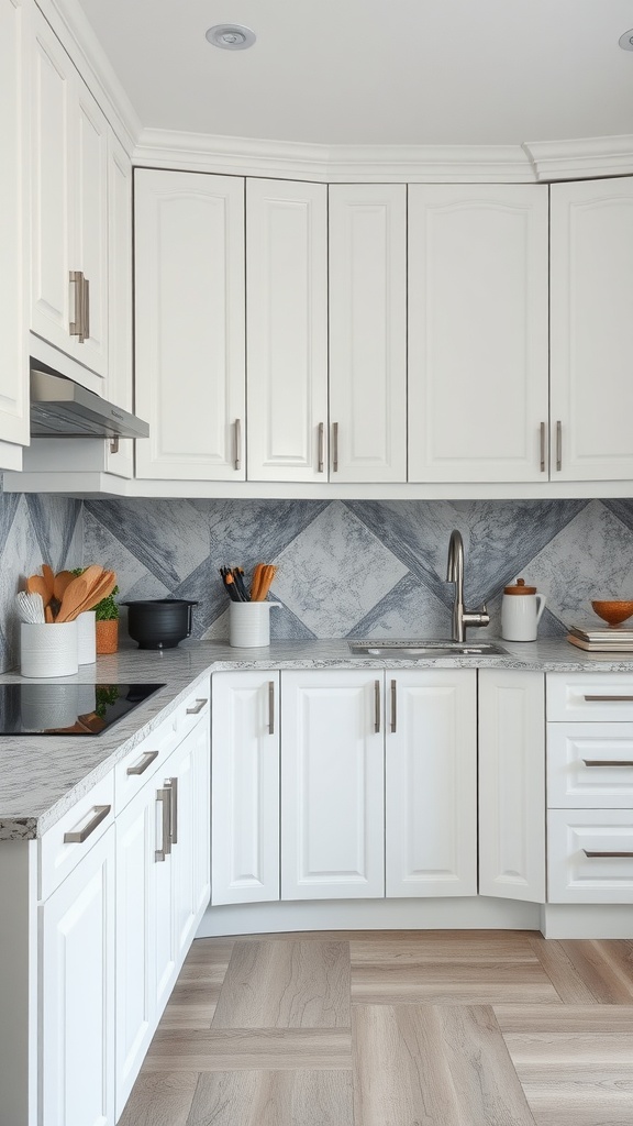 A modern white kitchen featuring cabinets, a patterned backsplash, and a mix of textures.