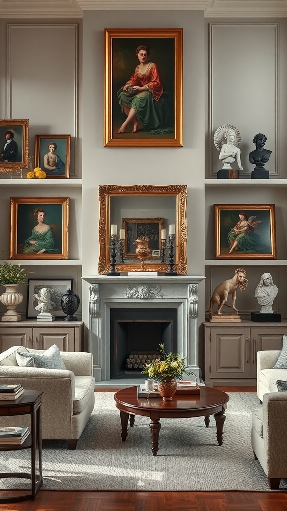 A living room featuring classic art pieces, including portraits and sculptures, enhancing its timeless appeal.