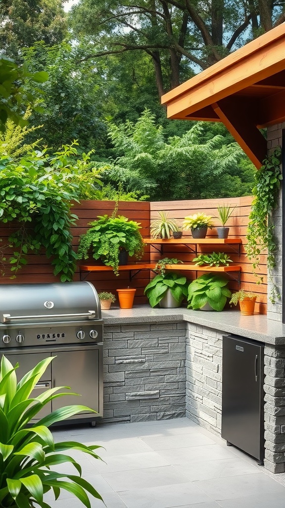 A small outdoor kitchen with vertical garden shelves filled with various plants and herbs.