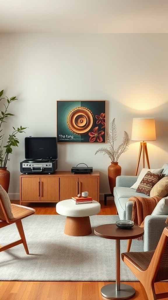 Mid-century modern living room with vintage accessories, including a record player, wooden furniture, and decorative art.