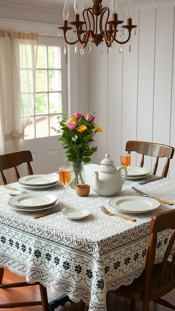 A cozy farmhouse kitchen table set with a lace tablecloth, white plates, a teapot, and a vase of fresh flowers, complemented by wooden chairs and warm chandelier lighting.