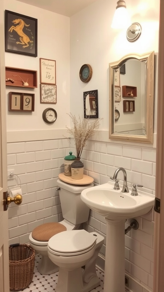 A cozy small bathroom featuring vintage elements like framed art, a round mirror, and decorative accessories.