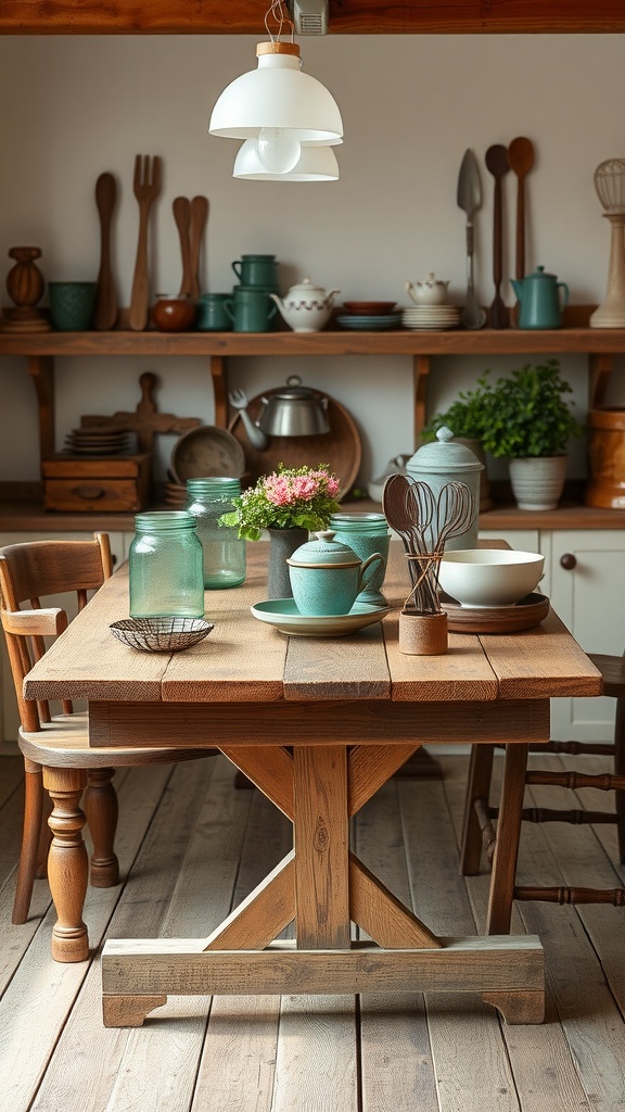 A rustic farmhouse kitchen table with teal dishes, glass jars, and wooden chairs.