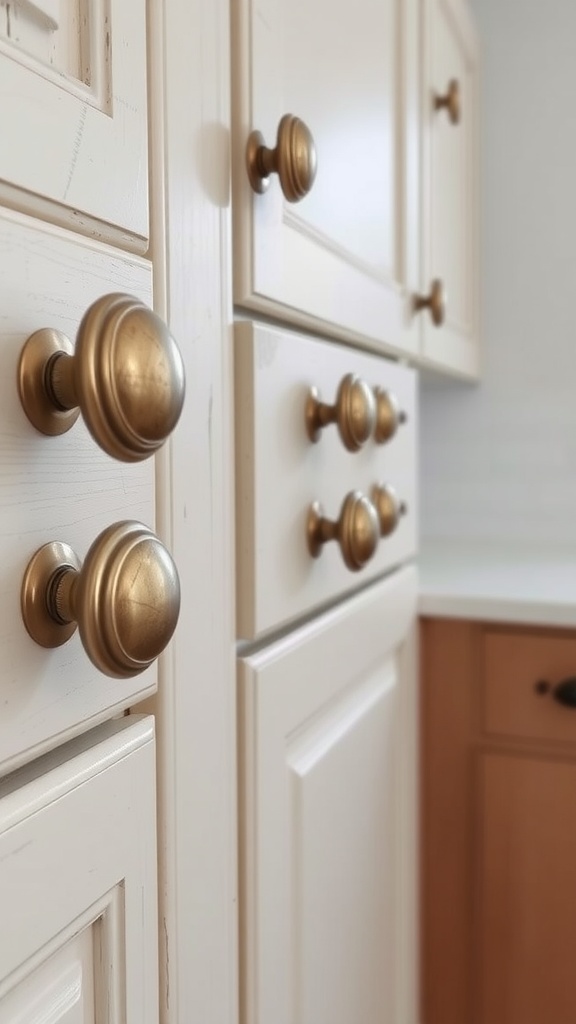 Close-up of vintage-style golden cabinet hardware on farmhouse kitchen cabinets.