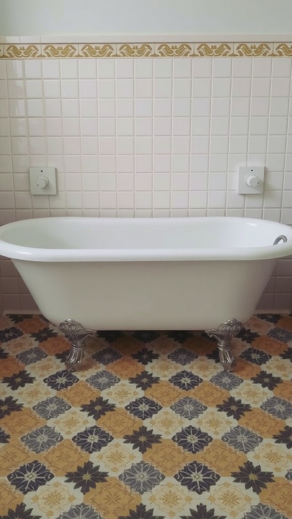 Clawfoot tub with vintage patterned tiles and white wall tiles.