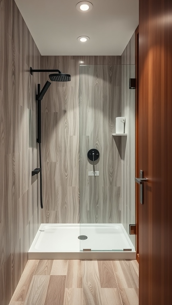 A modern shower with wood look tile walls, featuring a glass enclosure and sleek fixtures.