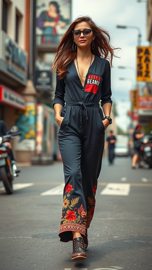 A woman in a stylish Indo Western jumpsuit with floral embroidery, walking confidently on a city street.
