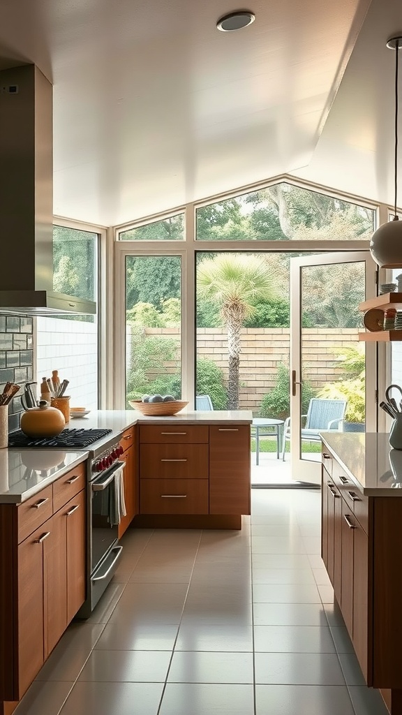 A mid-century modern kitchen with large windows opening to a backyard.