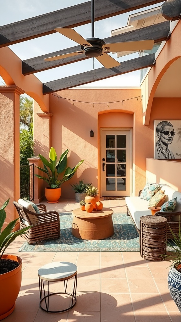 Cozy indoor-outdoor living space with peach walls, wooden beams, comfortable seating, plants, and terracotta accents.