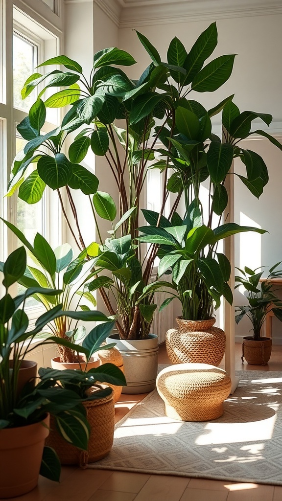 A bright indoor space filled with various indoor plants, including large leafy plants and smaller pots, creating a natural room divider.