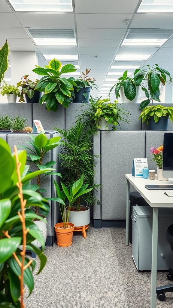 A cubicle decorated with various indoor plants, creating a fresh and inviting workspace.