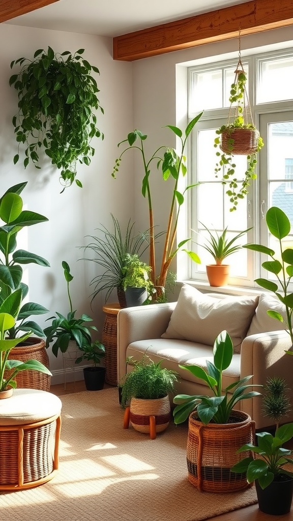 A cozy living room with various indoor plants in woven pots, creating a fresh and inviting space.