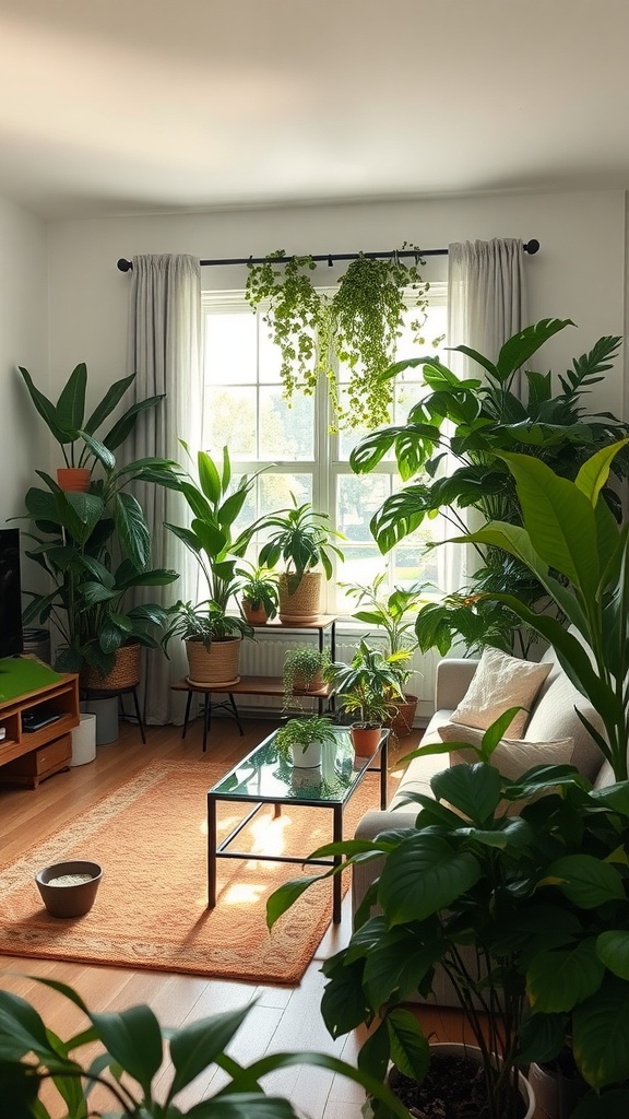 A boho living room filled with various indoor plants, featuring a cozy sofa and a glass coffee table