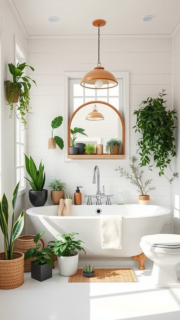 A modern farmhouse bathroom featuring a freestanding tub surrounded by various indoor plants in decorative pots.