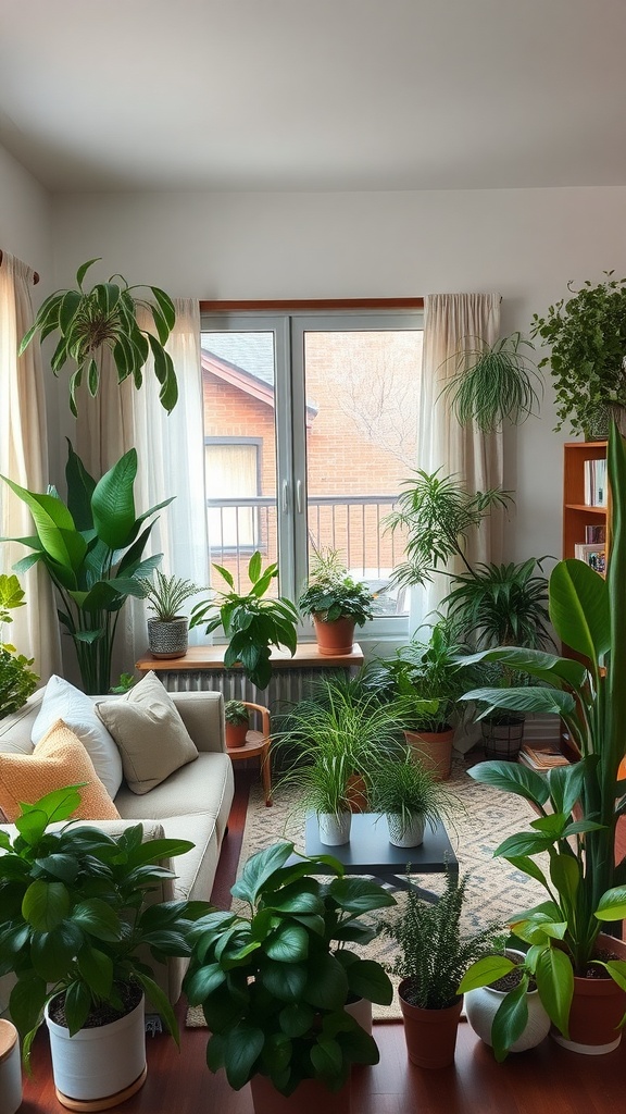 A cozy living room filled with various indoor plants, showcasing a bright, welcoming atmosphere.