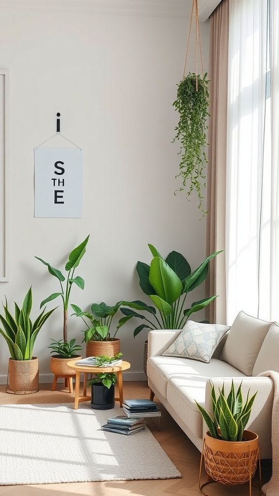 A modern living room filled with various indoor plants, featuring a comfortable sofa and a small wooden coffee table.