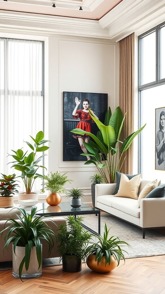 A luxurious living room with various indoor plants, a comfortable sofa, and decorative artwork.