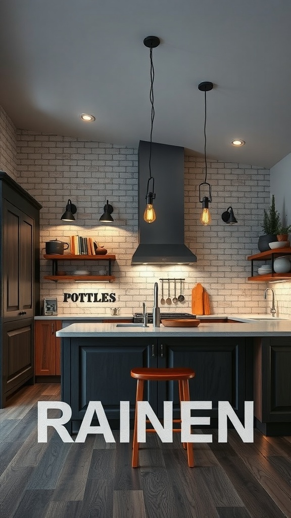 A modern kitchen featuring industrial-style lighting over an island with exposed bulbs and dark cabinetry.