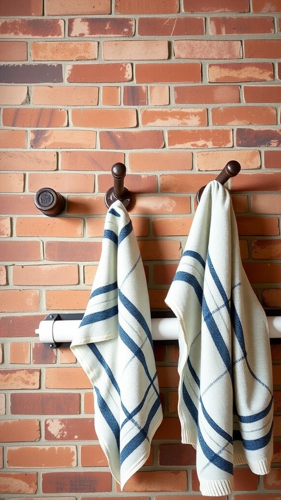 Industrial-style pipe towel hooks with towels hanging against a brick wall.