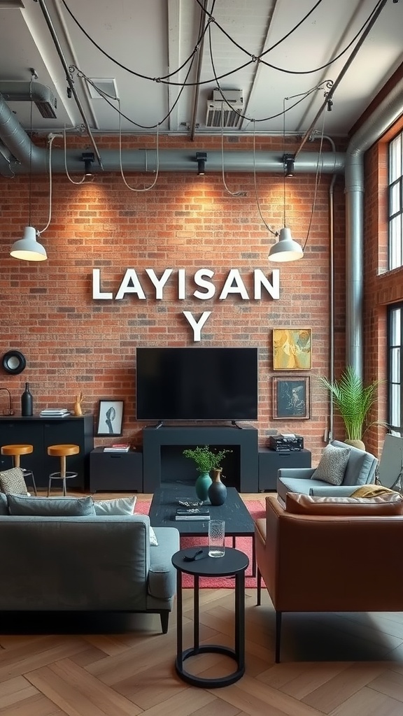 A stylish industrial chic living room with exposed brick walls, modern furniture, and decorative art.