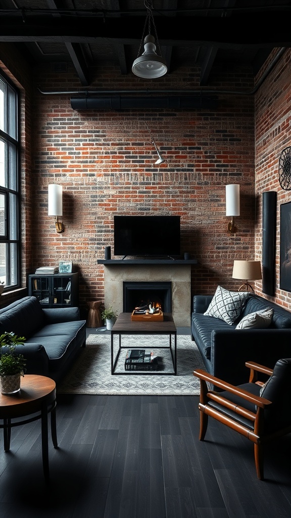 Industrial chic living room featuring exposed brick walls, dark furniture, and a cozy atmosphere.
