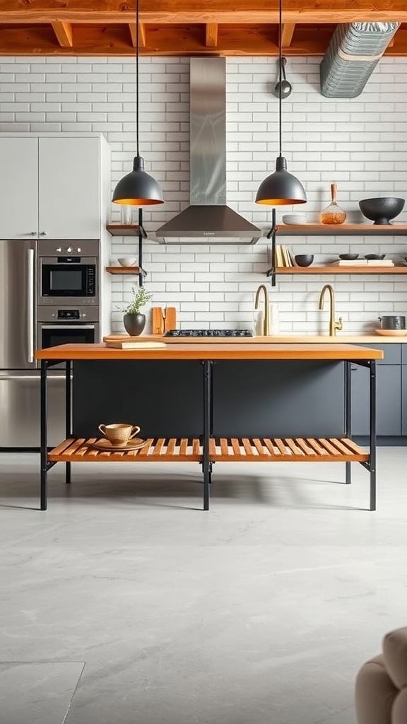 A modern kitchen island with a black metal frame and wooden top, featuring pendant lights and open shelving.