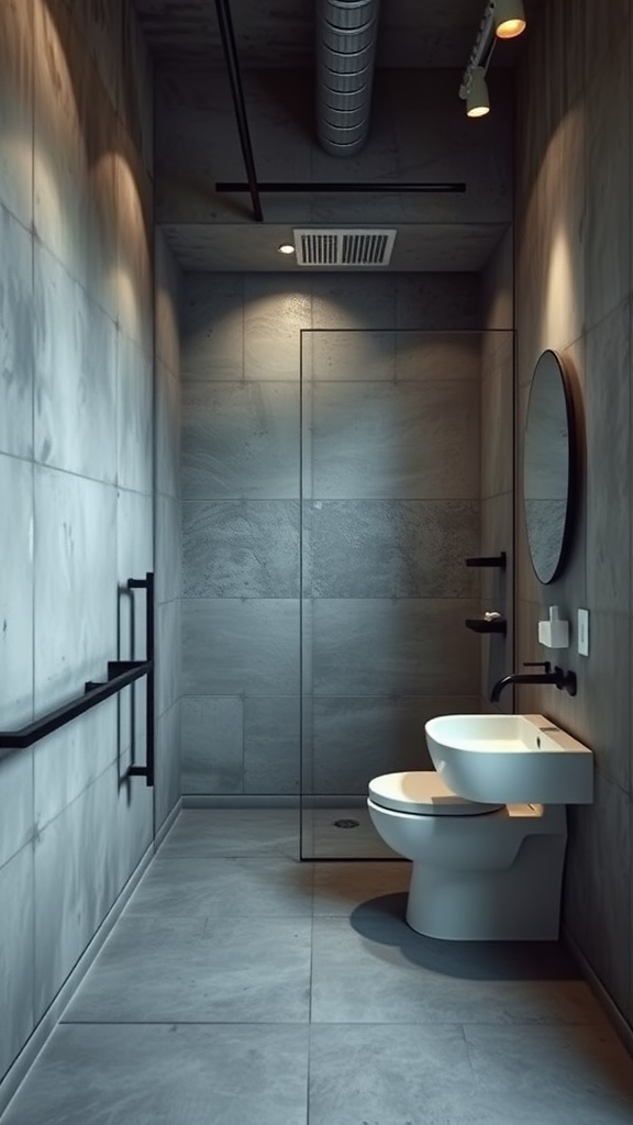 A minimalist bathroom featuring concrete walls, modern fixtures, and warm lighting.