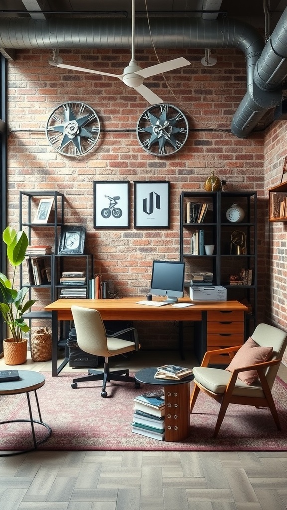 Modern industrial style home office with brick walls, wooden desk, and comfortable seating.