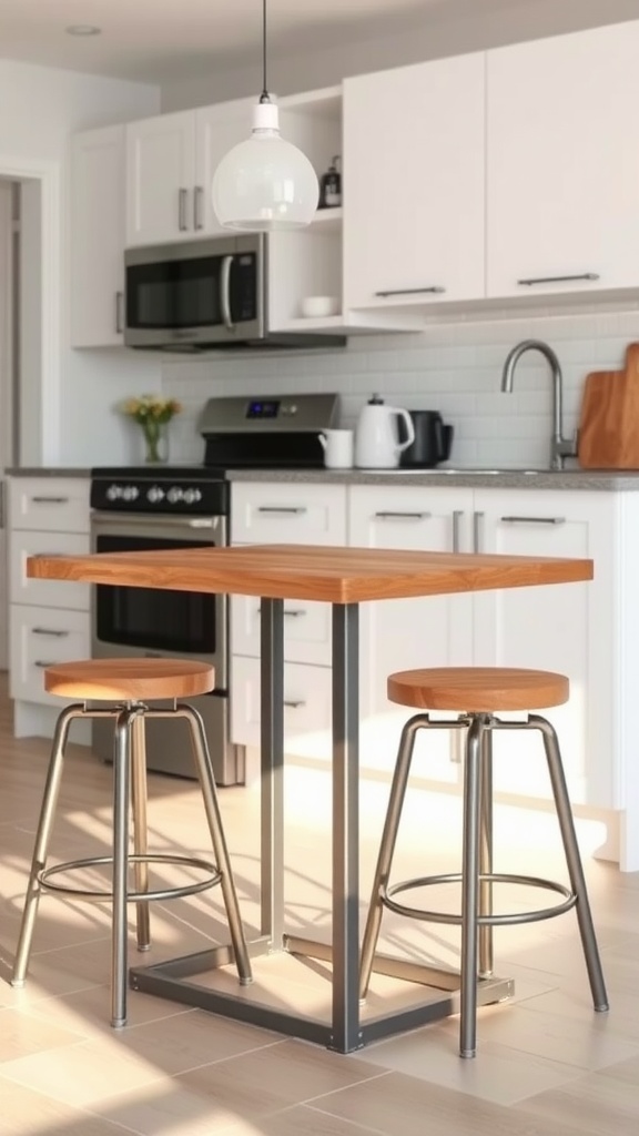 A small industrial style kitchen table with a wooden top and metal legs, accompanied by two stools in a modern kitchen setting.