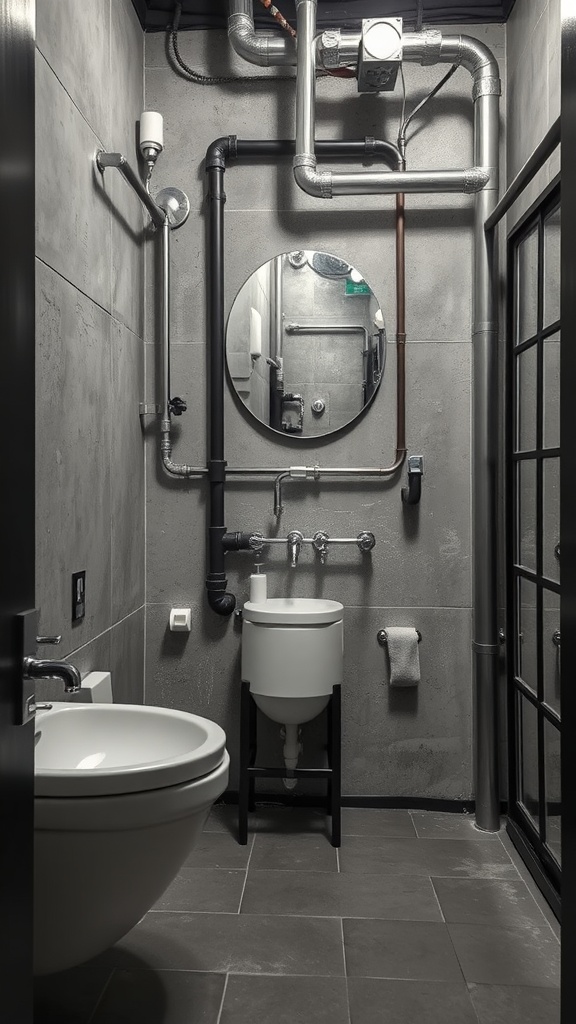 Industrial style bathroom with exposed pipes and concrete walls