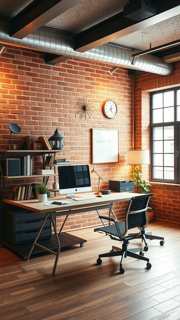 An industrial style home office featuring a wooden desk, black chair, exposed brick wall, and decorative shelving.
