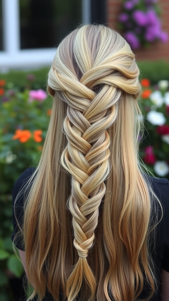 A beautiful infinity braid hairstyle showcasing intricate loops and plaits with long blonde hair.