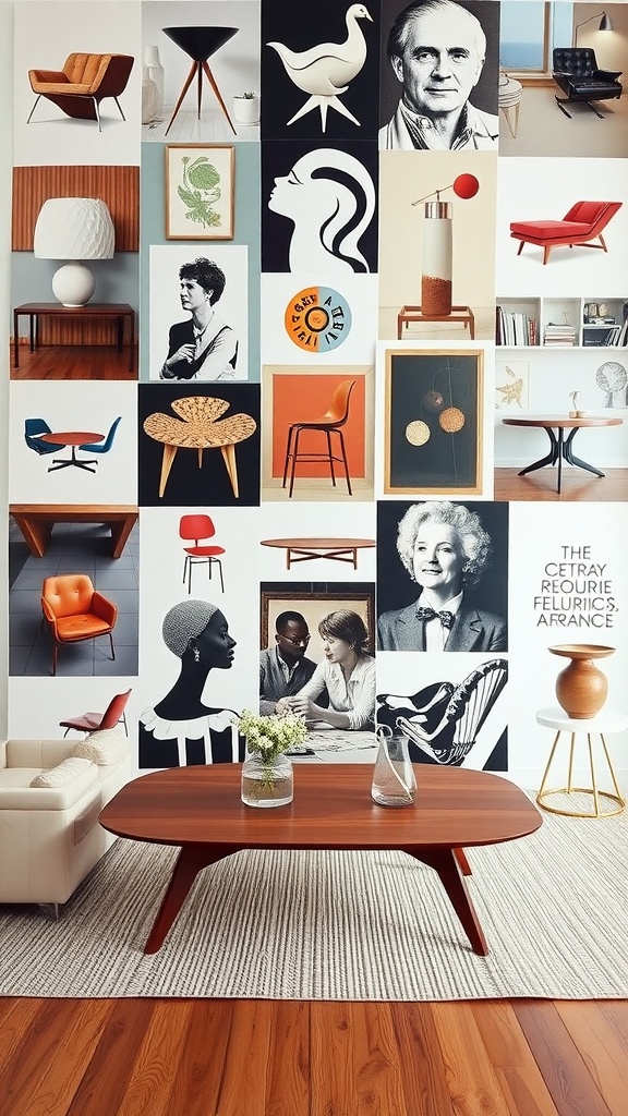 A mid-century modern coffee table against a collage of iconic designs and designers.