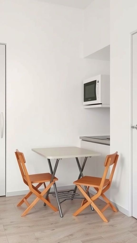 A small kitchen with a foldable table and two foldable chairs.