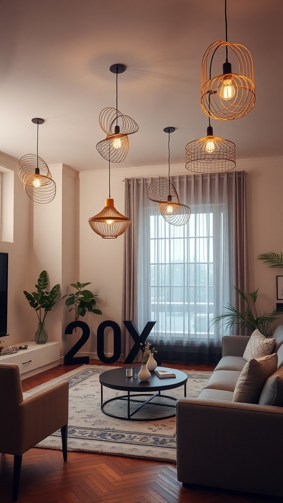 A contemporary living room featuring unique wire-frame pendant lights, a comfortable couch, and decorative plants.