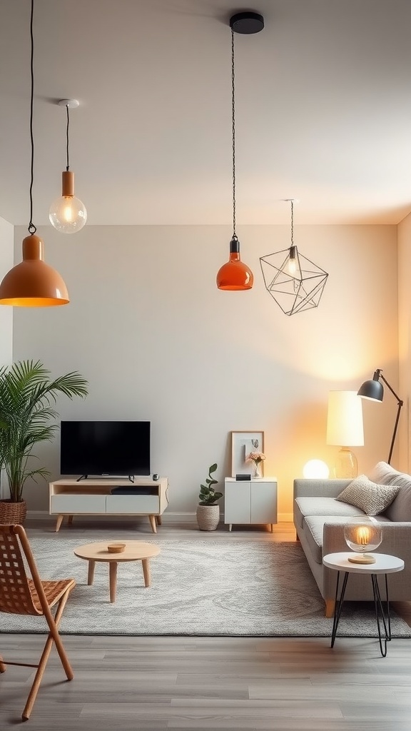 A whimsical living room featuring innovative lighting fixtures including pendant lights and a stylish lamp.