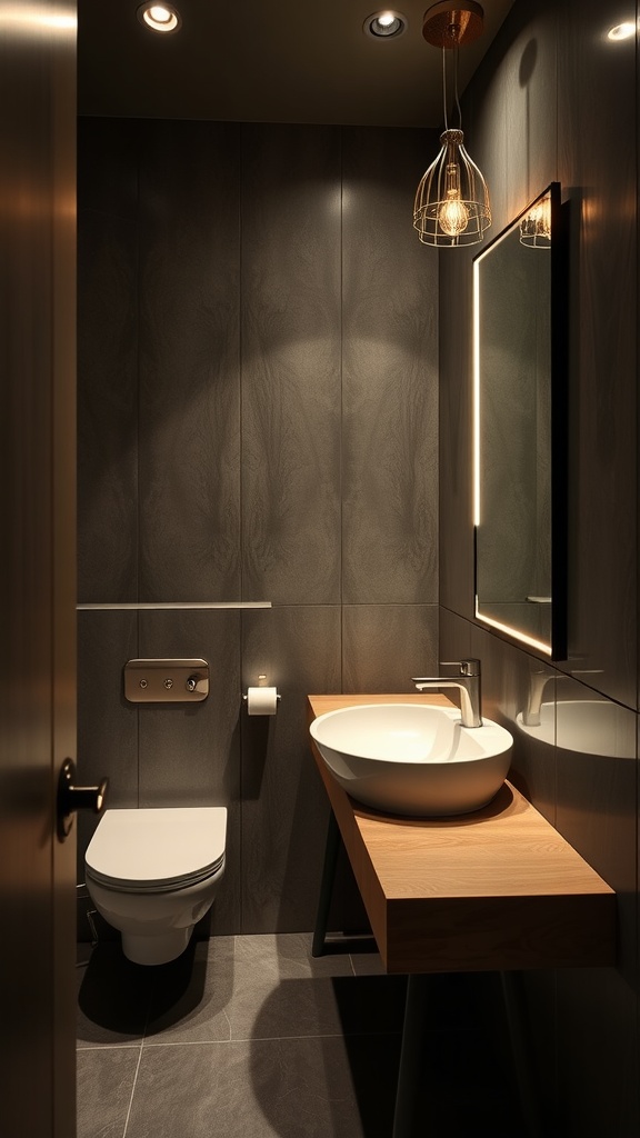 Modern guest bathroom with innovative lighting solutions, featuring recessed lights and a pendant lamp.