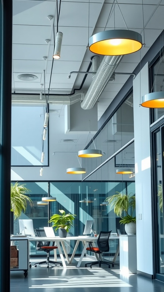 A bright and modern office space featuring stylish pendant lights and greenery.