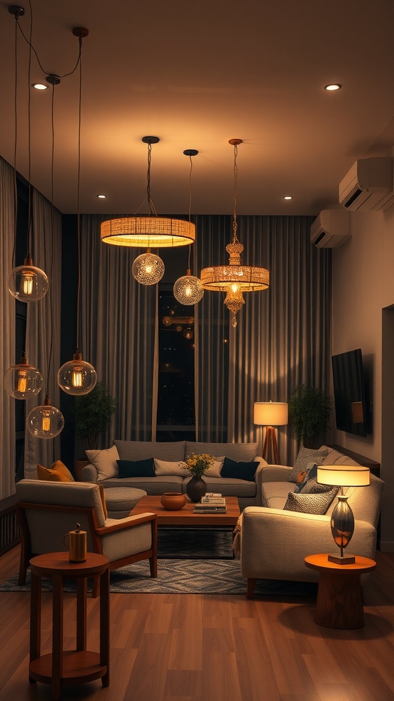A modern living room with innovative lighting solutions, featuring a mix of unique hanging lights and table lamps.