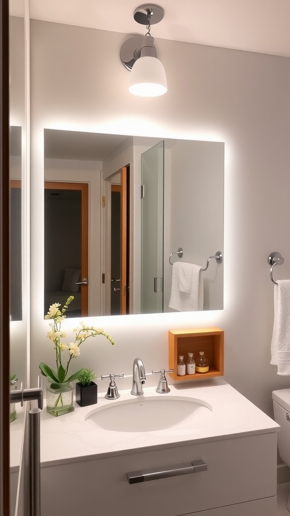 A modern bathroom featuring a stylish mirror with built-in storage, illuminated by soft lighting.