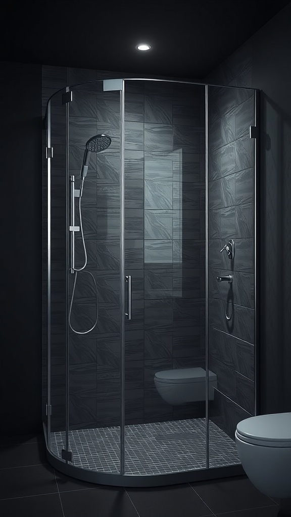 A modern shower design featuring curved glass doors and dark tiles in a stylish bathroom