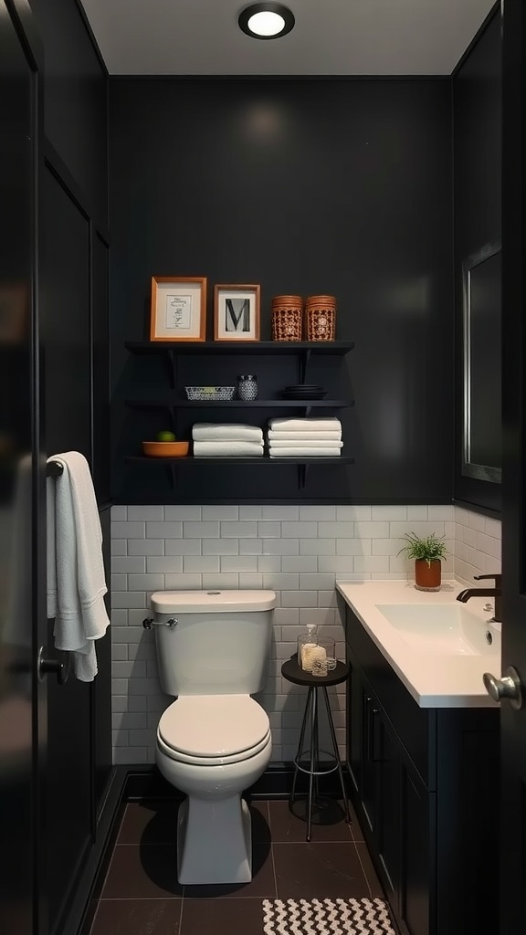 A stylish black bathroom featuring a wall-mounted shelf with towels and decorative items, a side table with toiletries, and a modern sink.