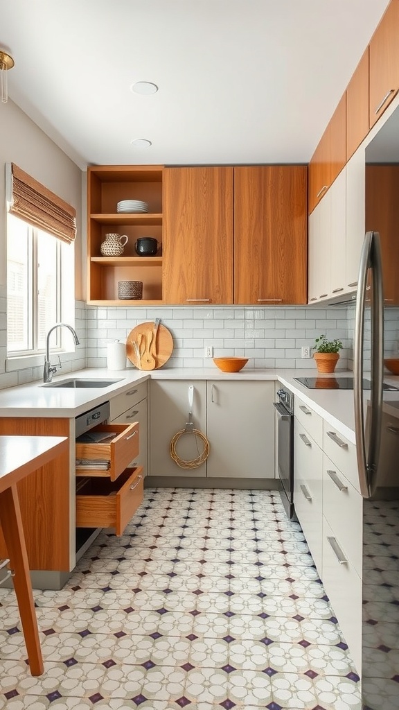 A modern kitchen featuring innovative storage solutions with open shelves and smooth sliding drawers.