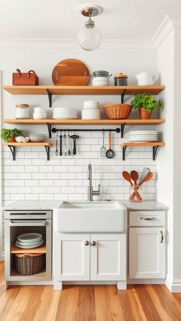 A stylish farmhouse kitchen sink area with open shelves, a peg rail, and a mix of storage solutions.