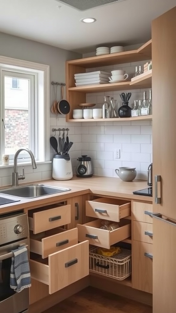 A small kitchen with innovative storage solutions including open shelving, multiple drawers, and hanging utensils.