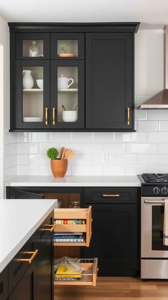 Stylish black kitchen cabinets with glass doors and pull-out wooden drawers