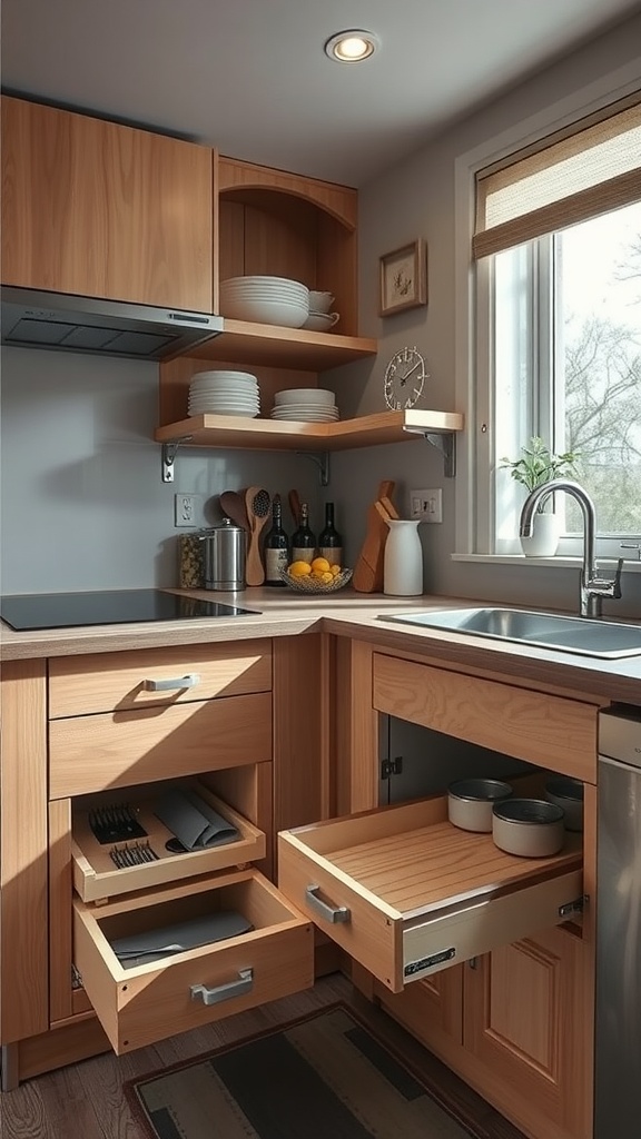 Innovative kitchen storage solutions with wooden cabinets and organized drawers.