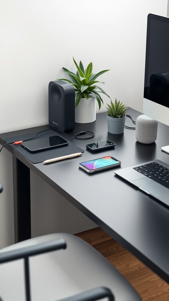 A modern office desk featuring a laptop, smartphone, speaker, and plants, showcasing innovative tech gadgets.