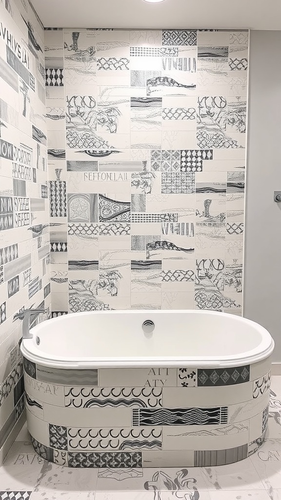 Innovative tub surrounded by artistic patterned tiles in a modern bathroom