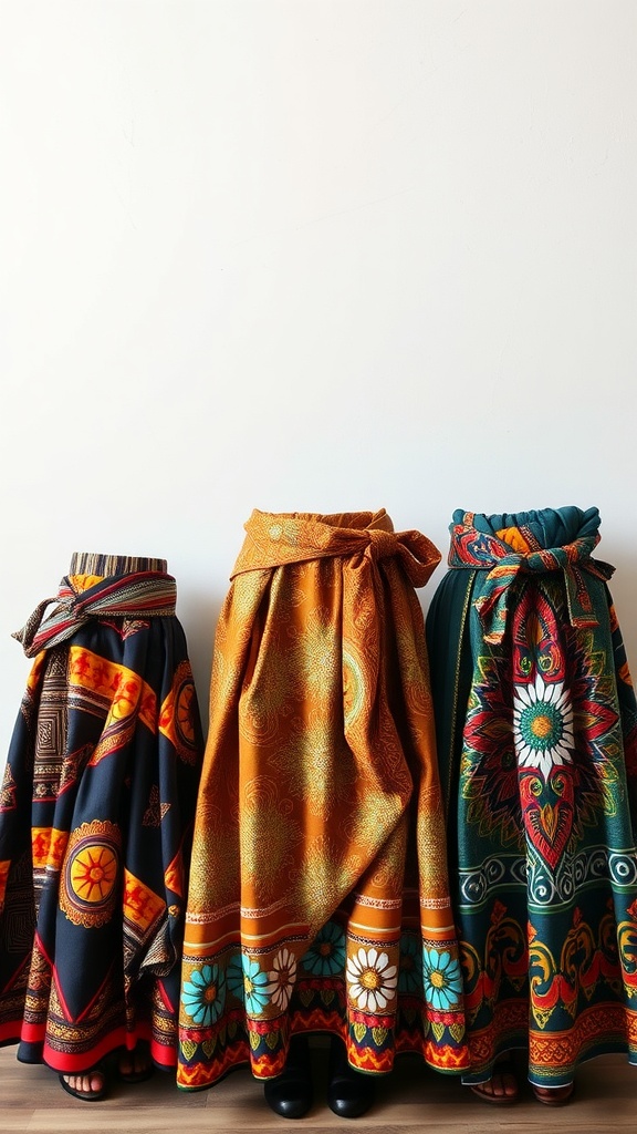 Three colorful wrap skirts featuring intricate cultural designs.